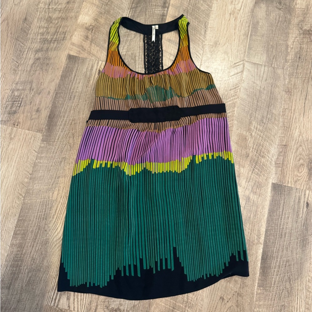 Petticoat Alley Silk Racerback Pleated Multicolor Boho Sundress Green Medium